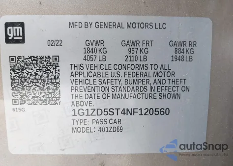 2022 Chevrolet Malibu Fwd Lt из США, поврежденный, VIN 1G1ZD5ST4NF120560